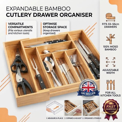 Expandable bamboo cutlery tray - expandable,