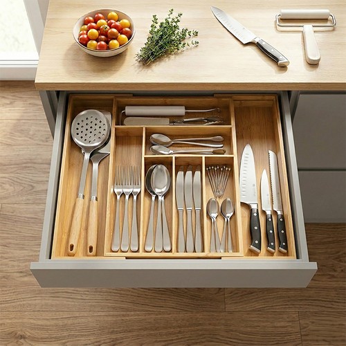 Extendable bamboo cutlery tray - extendable,